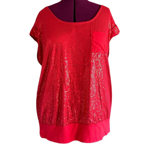 Womens Top Size 3XL Red Sequin Flowy Scoop Neck Office SIren Dressy Casual - Picture 1 of 8